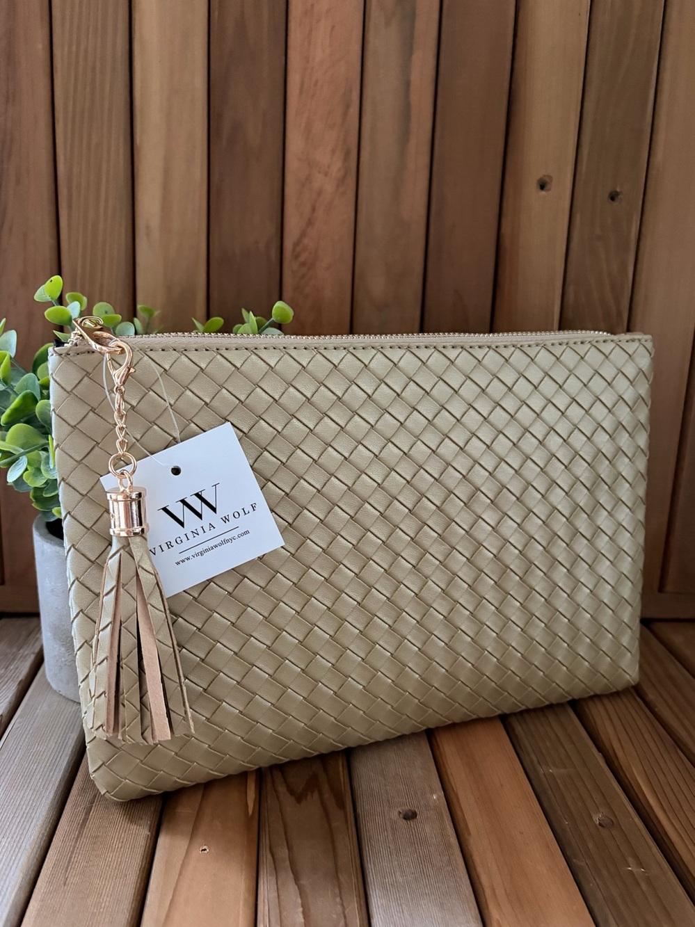 Virginia Wolf Woven Leather Travel Clutch in Golden Creme,NWT